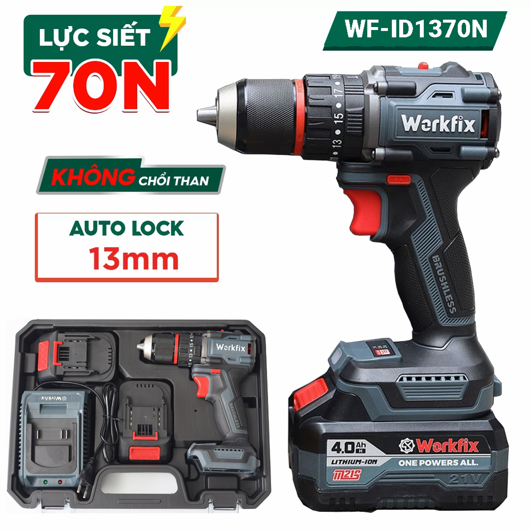 Máy khoan pin Workfix WF-ID1370N (70N.m) - Đầu kẹp 13mm, 2 Pin 10 Cell