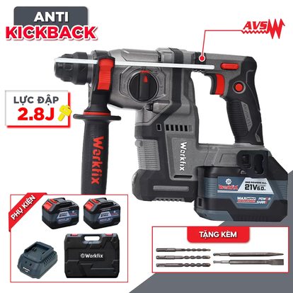 Máy khoan bê tông Workfix WF-RH2203PRO, khoan chống rung AVS, chống lật cổ tay Antikickback